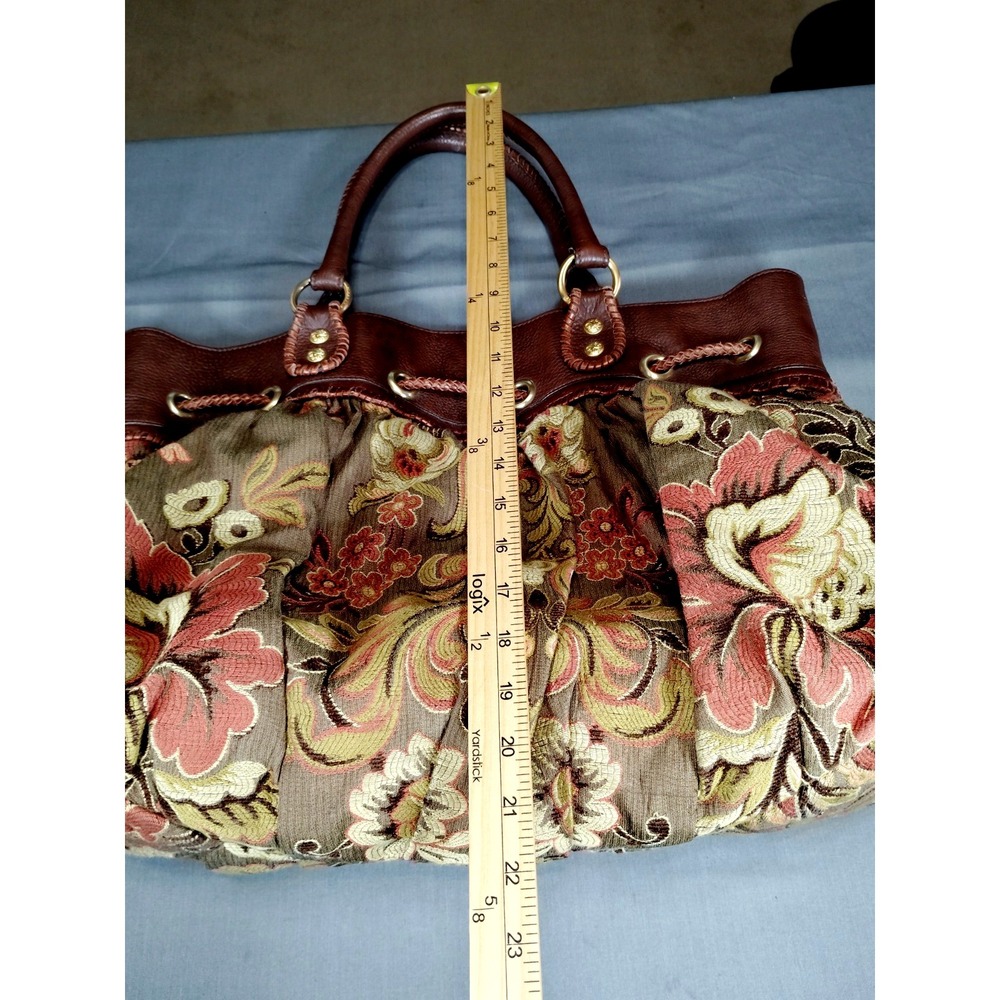 Isabella Fiore Floral Tapestry Satchel Handbag Brown Leather Trim Boho VTG Purse - Picture 13 of 16